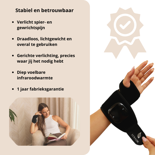 Luxyor Pulsebrace 110 aangebracht om pols infrarood therapie thuis