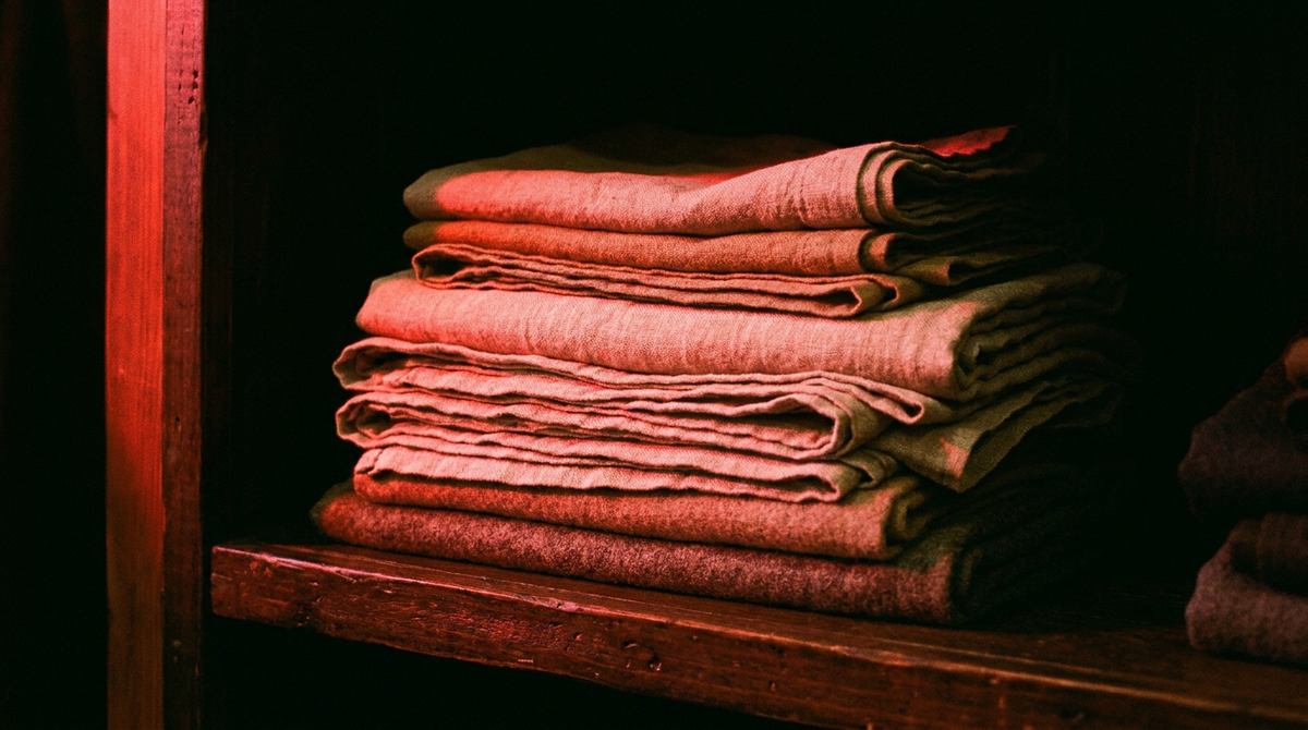 Opgevouwen textiel op een donkere plank met rood strijklicht