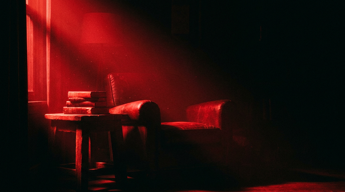 Rood verlichte leeshoek met fauteuil en boeken