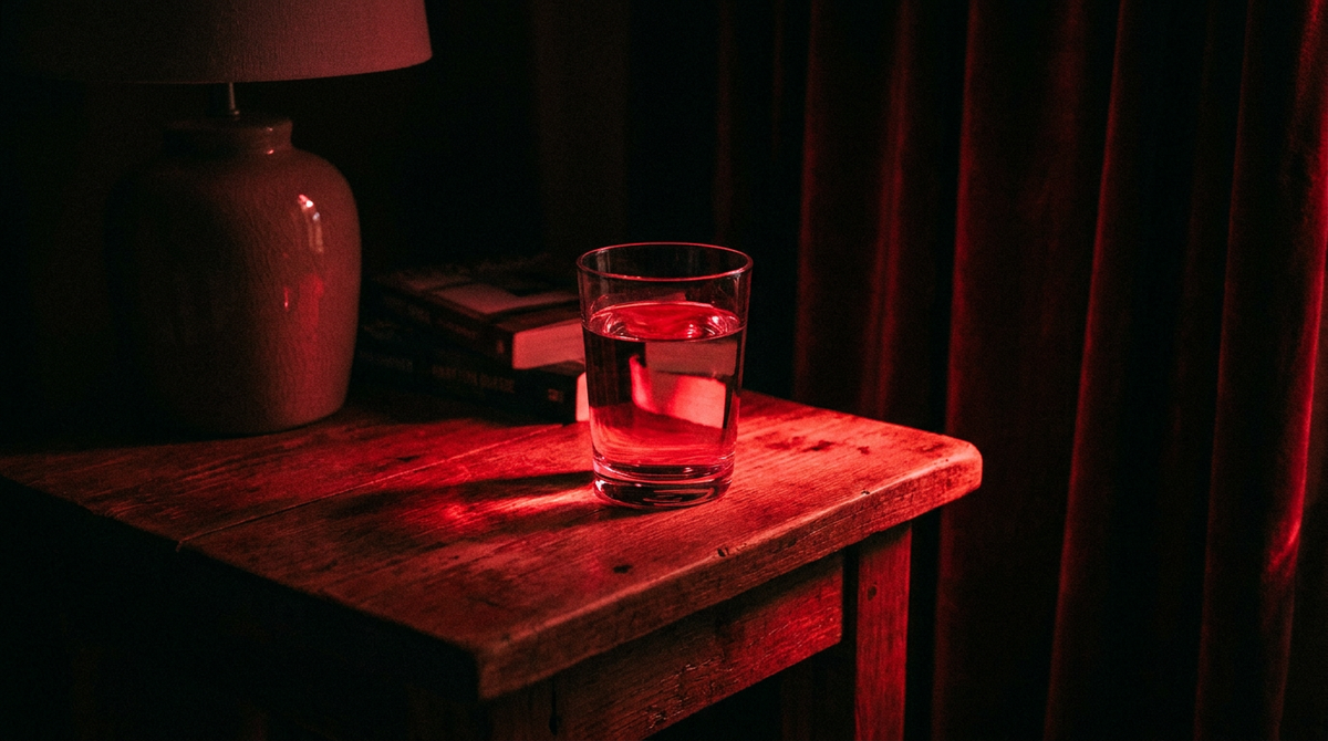 Nachtkastje met een glas water in diep rood licht