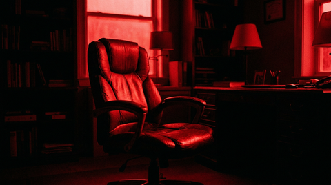 Lege bureaustoel in een donkere kamer met diep rood licht