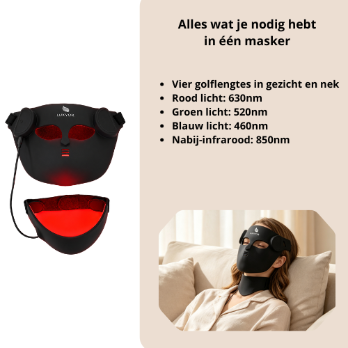 Luxyor RedLight Masker - LED Gezichtsmasker en Nekband Lichttherapie met Rood, Blauw, Groen en Infrarood Licht Draadloos