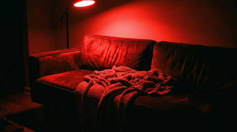 Rood verlichte bank met een zachte deken in een donkere kamer