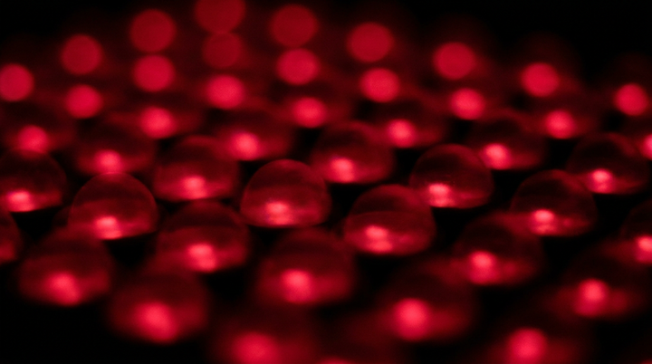 Macro van een raster rode lichtpunten buiten focus, zachte gloeiende halo's