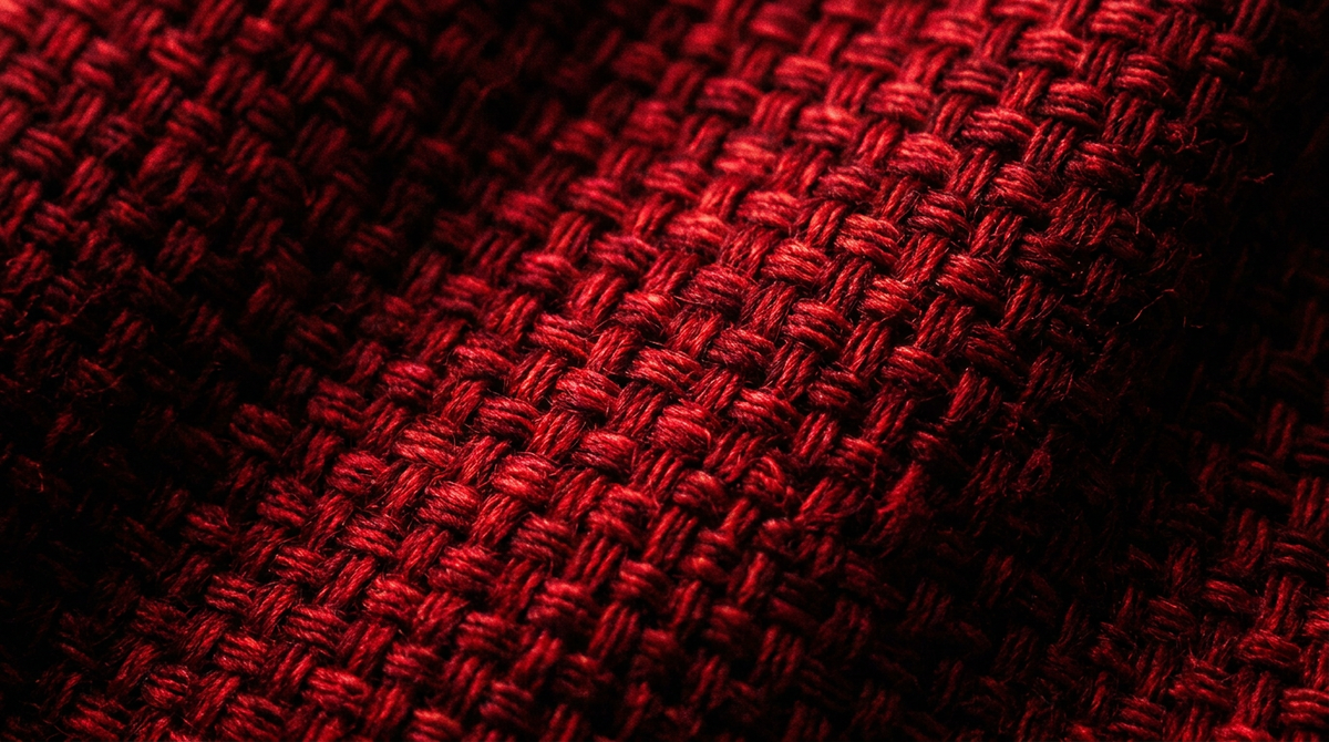 Macro van stofstructuur met zichtbare weving in rood licht