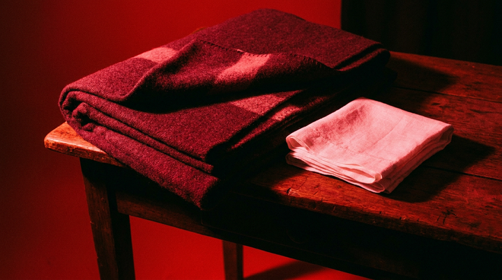 Opgevouwen deken en schone doek op een donkere tafel in rood licht