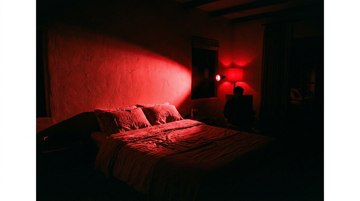 Rood verlichte slaapkamer met opgemaakt bed in het donker