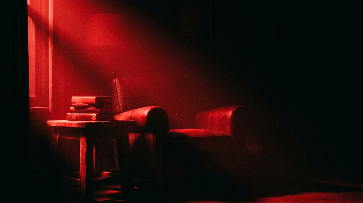 Rood verlichte leeshoek met fauteuil en boeken