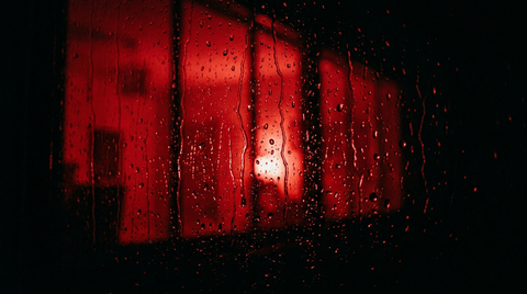 Donker raam met winterse regendruppels, van binnenuit rood verlicht