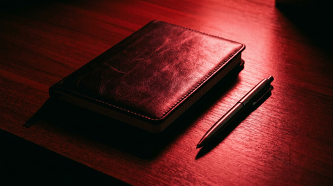 Notitieboek en pen op een donker bureau met rood strijklicht, klaar om specificaties van twee roodlicht panelen te vergelijken