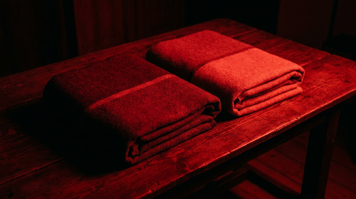 Twee opgevouwen infrarood dekens naast elkaar op een donkere tafel in diep rood licht