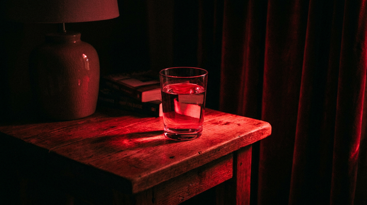 Nachtkastje met een glas water in diep rood licht