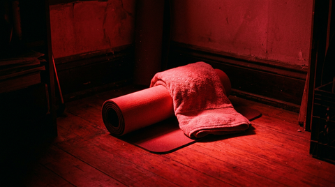 Opgerolde yogamat en handdoek in een donkere, rood verlichte hoek