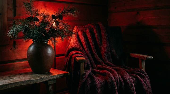 Dikke deken over een stoel in diep rood licht, met dennentakken in een aardewerken vaas