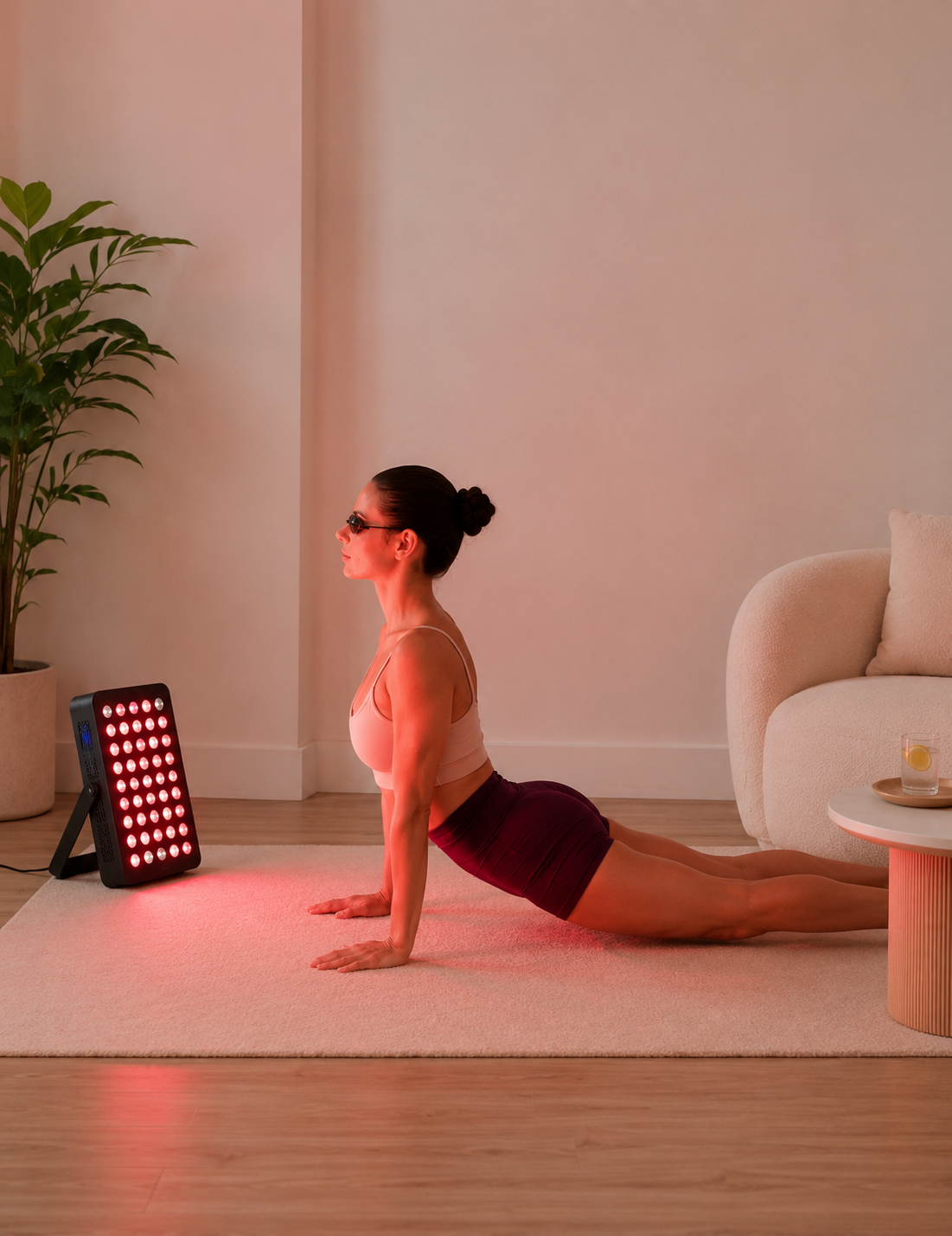 Vrouw doet yoga op een mat naast een zwart Luxyor roodlichttherapie paneel