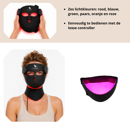 Luxyor RedLight Masker - LED Gezichtsmasker en Nekband  Lichttherapie met Rood, Blauw, Groen en Infrarood Licht Draadloos