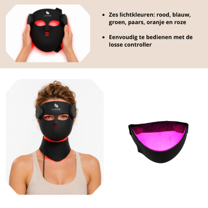 Luxyor RedLight Masker - LED Gezichtsmasker en Nekband  Lichttherapie met Rood, Blauw, Groen en Infrarood Licht Draadloos