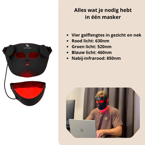Luxyor RedLight Masker - LED Gezichtsmasker en Nekband  Lichttherapie met Rood, Blauw, Groen en Infrarood Licht Draadloos
