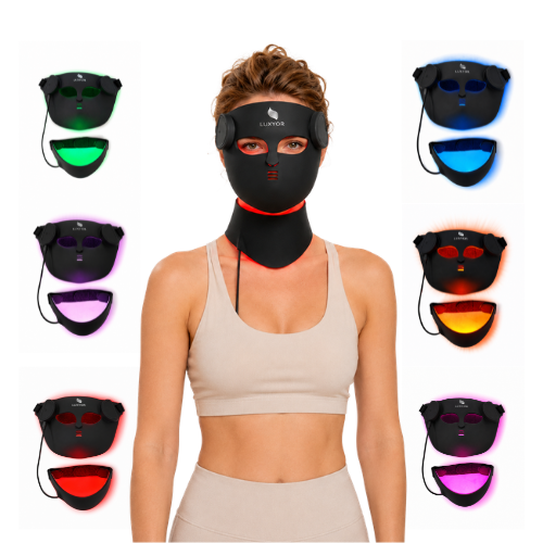 Luxyor RedLight LED gezichtsmasker met nekband, gedragen en getoond in zes lichtkleuren