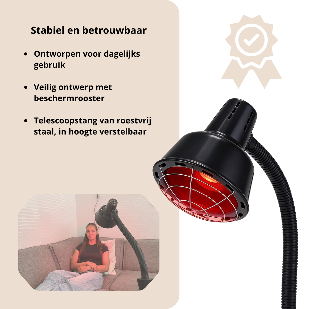 Redlight 160 infraroodlamp stabiel en betrouwbaar met beschermrooster en telescoopstang van roestvrij staal, in hoogte verstelbaar
